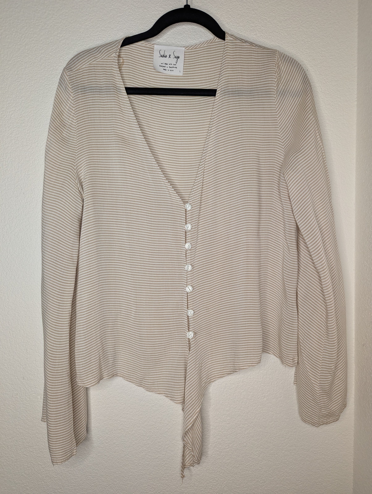 Sadie & Sage Women's Yellow Striped Button Tie Blouse L Whimsical Fairy Boho